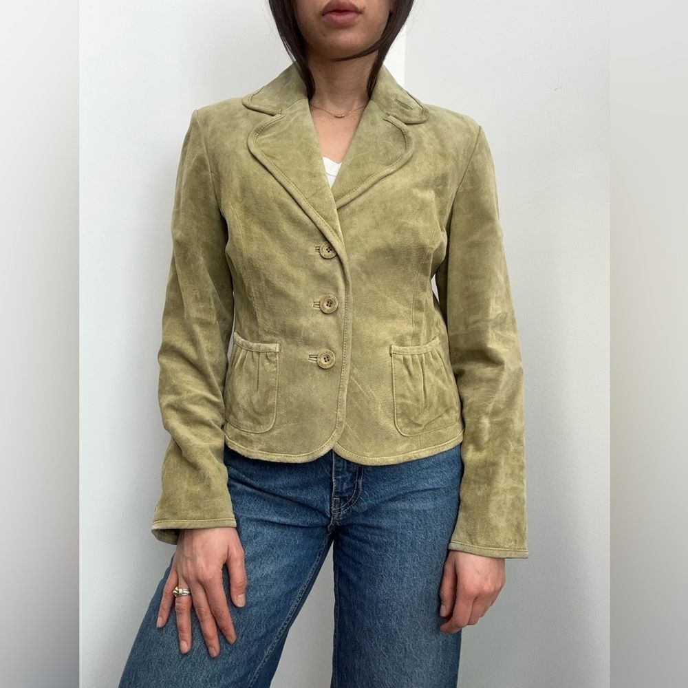 Vintage Live A Little Y2K Chartreuse Green Suede Leather Blazer Jacket Size M - Picture 2 of 9